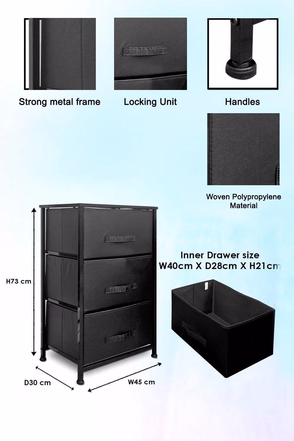 Clarisworld 3 Drawer Storage Tower Dresser in Black with Wood Top and Metal Frame, W/D/H: 45 x 30 x 73 cm – 7