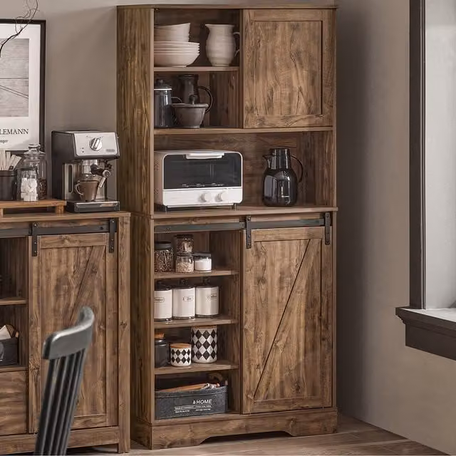 SoBuy Tall Kitchen Cupboard and Microwave Cabinet in Brown with Sliding Doors and Internal Shelves