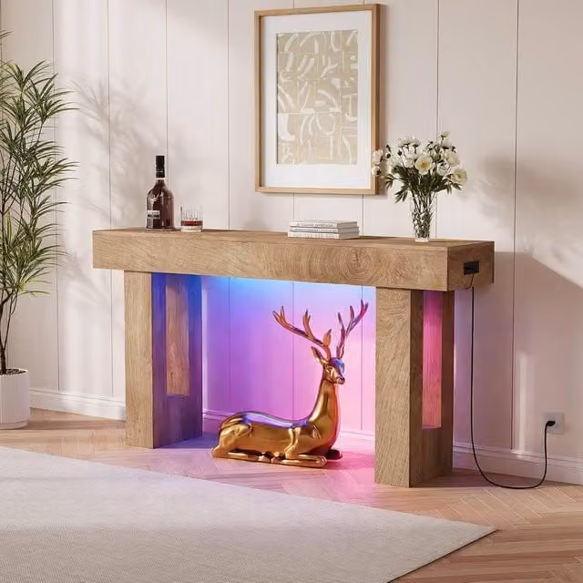London Boutique Modern Console Table with 6-Colour LED Lights and Charging Station in Natural Sand and Brown