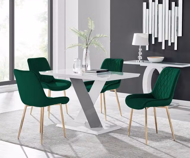 Furniturebox Monza White High Gloss Rectangular Dining Table and 4 Green Pesaro Gold Leg Chairs
