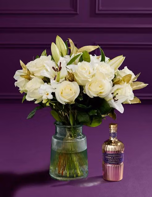 M&S X Dame Joan Collins Floral Bouquet with White Vase and Vodka Martini