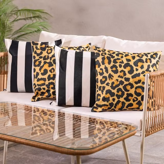 ICON 4-Piece Set of Square Outdoor Cushions in Black Leopard and Black Striped Patterns