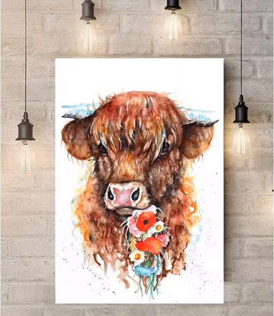 BebesArts Highlander with Meadow Flowers Canvas Wall Art, Brown, W: 45.72 cm, H: 30.48 cm, D: 30.48 cm