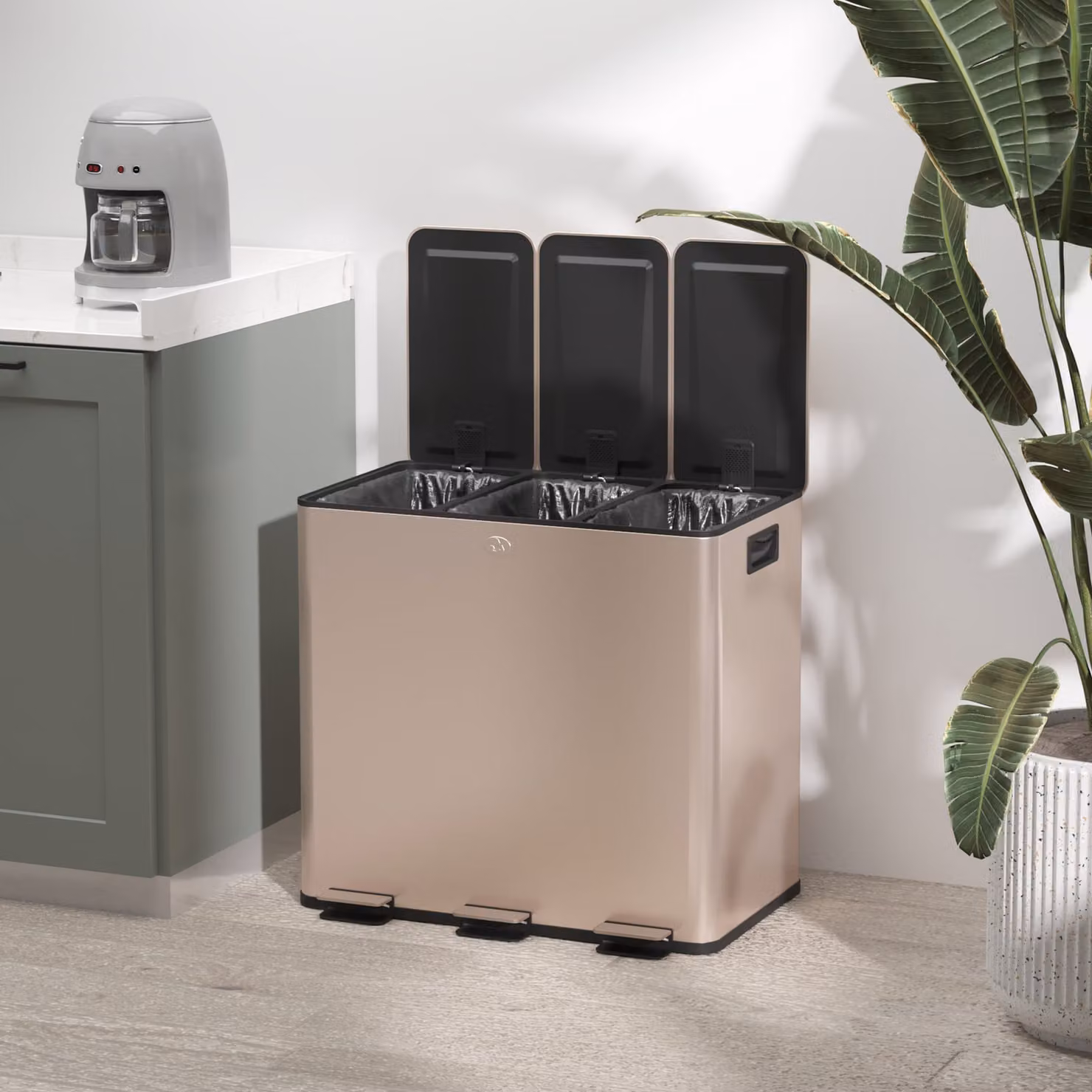 HOMCOM Gold Tone Triple Steel Pedal Bin with Soft Close Lids and Removable Inner Buckets, 3 x 15L – 6