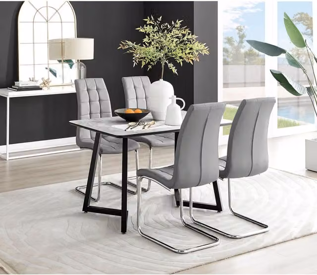 FurnitureboxUK Carson White Marble Effect Dining Table and 4 Murano Chairs in Grey