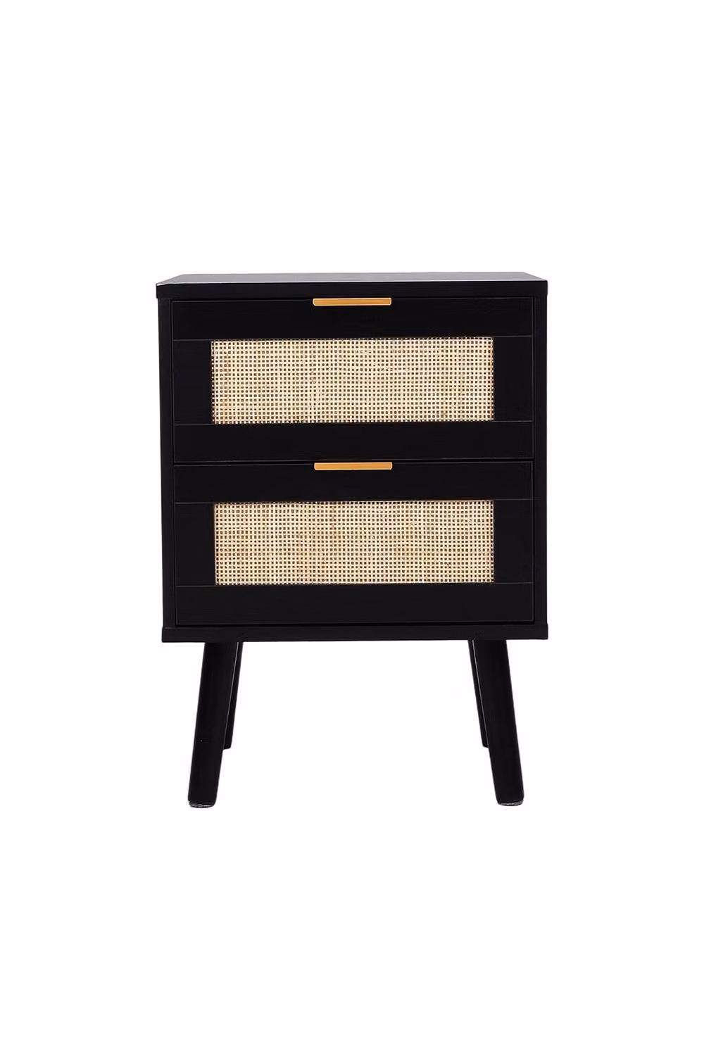 H&O Direct Set of 2 Modern Black Rattan and Metal Dual-Drawer Bedside Tables – 3