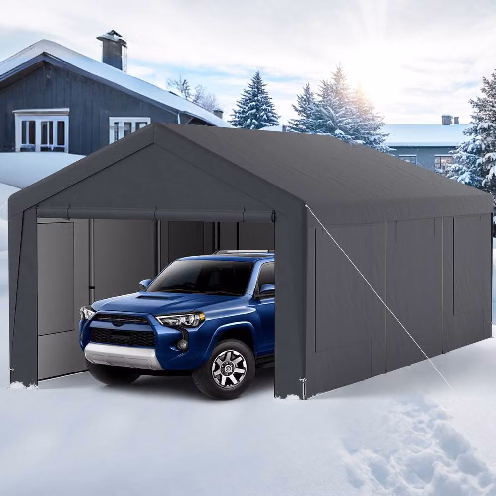 Gymax Grey Car Shelter Garage Canopy Tent with 8 Removable Sidewalls, W: 600 cm, D: 300 cm, H: 280 cm – 6