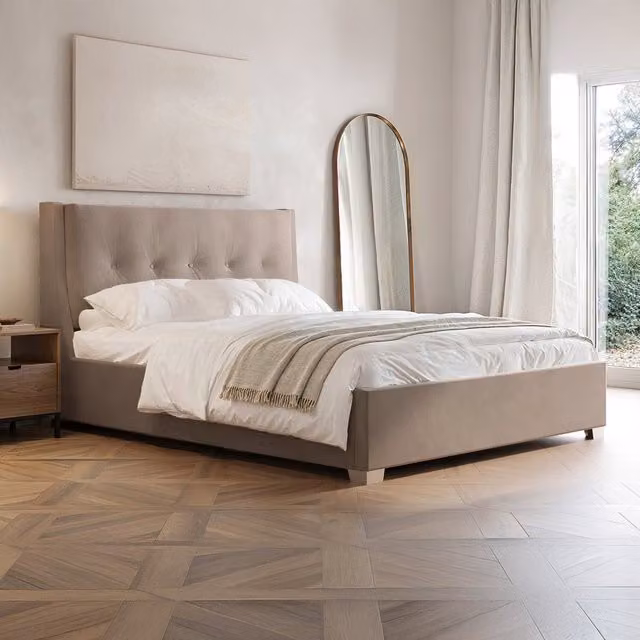 Artemis Beige Velvet Upholstered Ottoman Bed with Cushioned Headboard, W/D/H: 140 x 200 cm