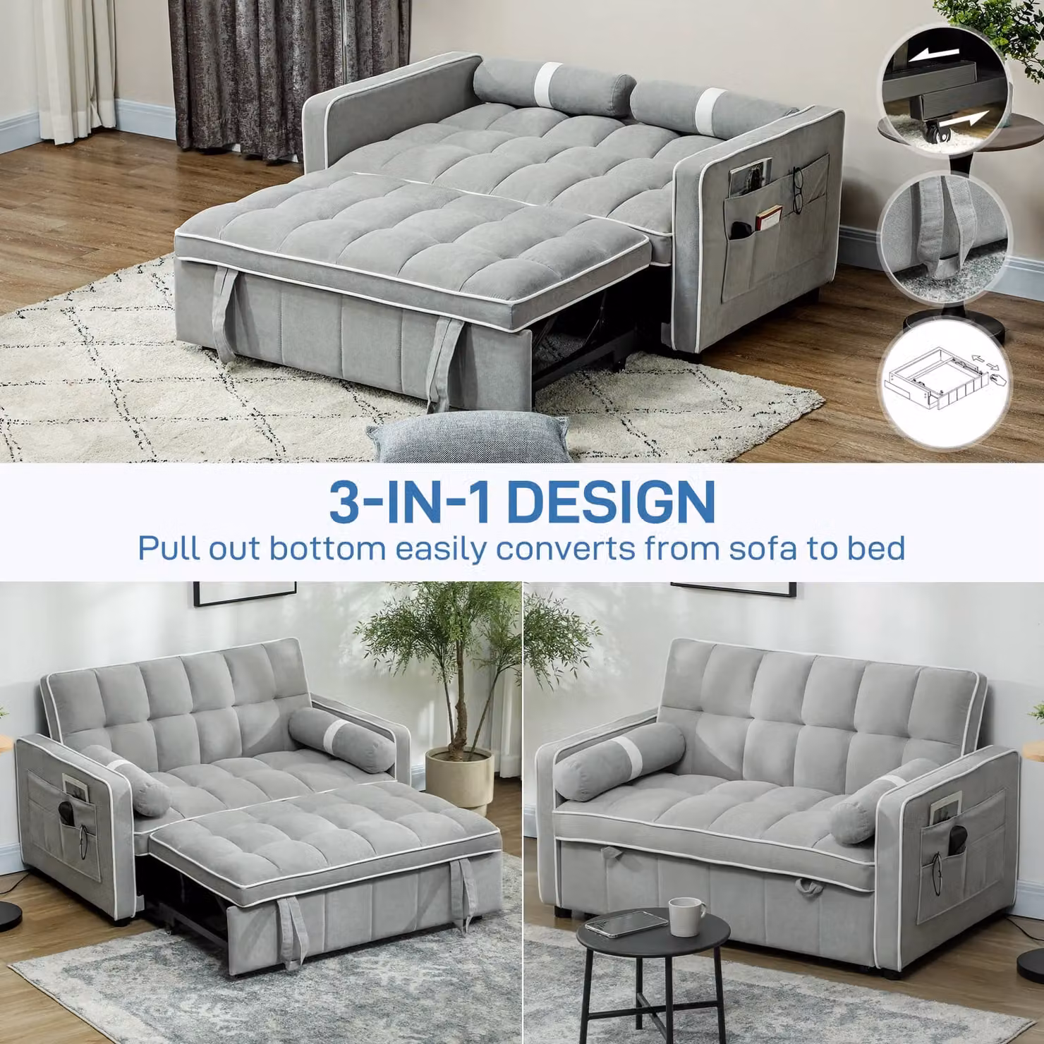 HOMCOM 2 Seater Modern Fabric Pull Out Sofa Bed with Scatter Cushions in Grey – 4