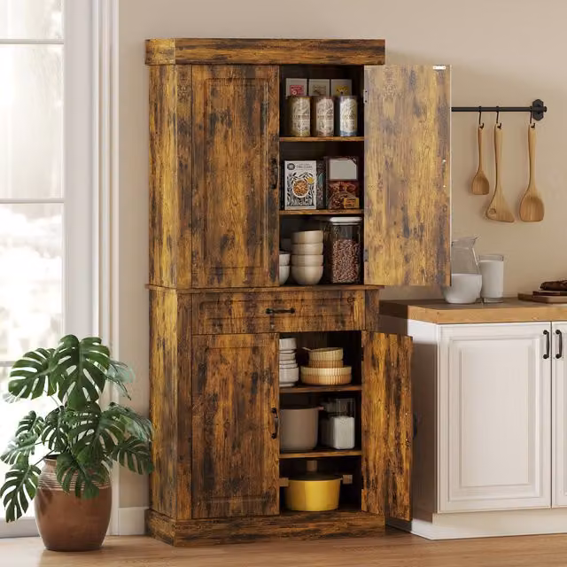 HOMCOM Tall Freestanding Rustic Kitchen Pantry Cupboard with Drawer and Internal Shelves, Brown