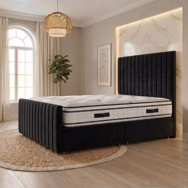Somnior Eleanor Velvet Divan Bed in Black with Hybrid Mattress, W/D/H: 120 x 200 cm – 1