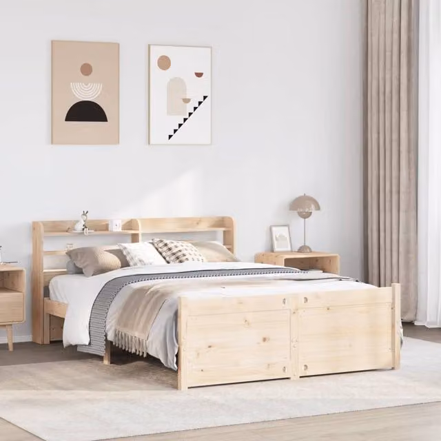 Berkfield Home Double Bed Frame with Headboard and Side Compartments in Brown Solid Pine Wood, W/D/H: 135 x 190 cm