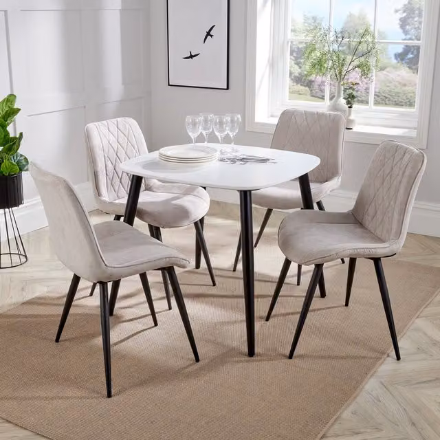 Core Products Ltd Aspen Square White Table and 4 Straight Stitch Fabric Chair Set in Black and White