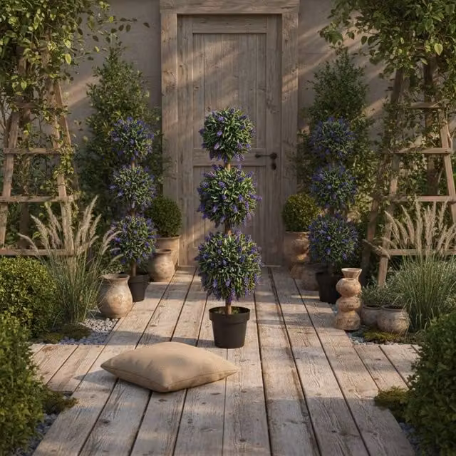 Wyld Haus Lazi Set of 2 Artificial Lavender Ball Trees in Green Decorative Pots, Height: 110 cm
