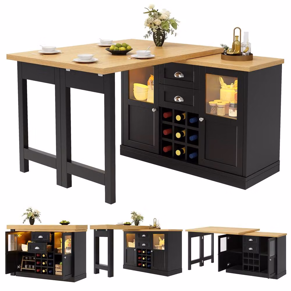 BTM Extendable Black Matt Sideboard with LED Lighting and Glass Storage Cabinet, W/D/H: 148 x 40 x 74 cm – 4