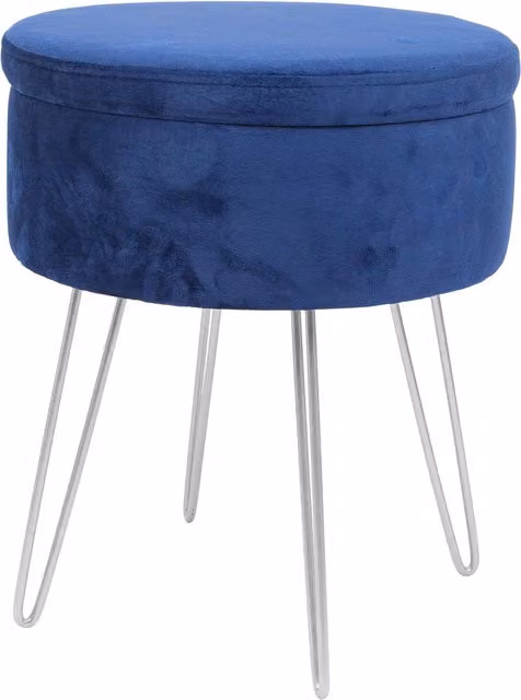 Harbour Housewares Round Velvet Storage Footstool with Silver Legs in Blue, H45 x D36 cm – 1