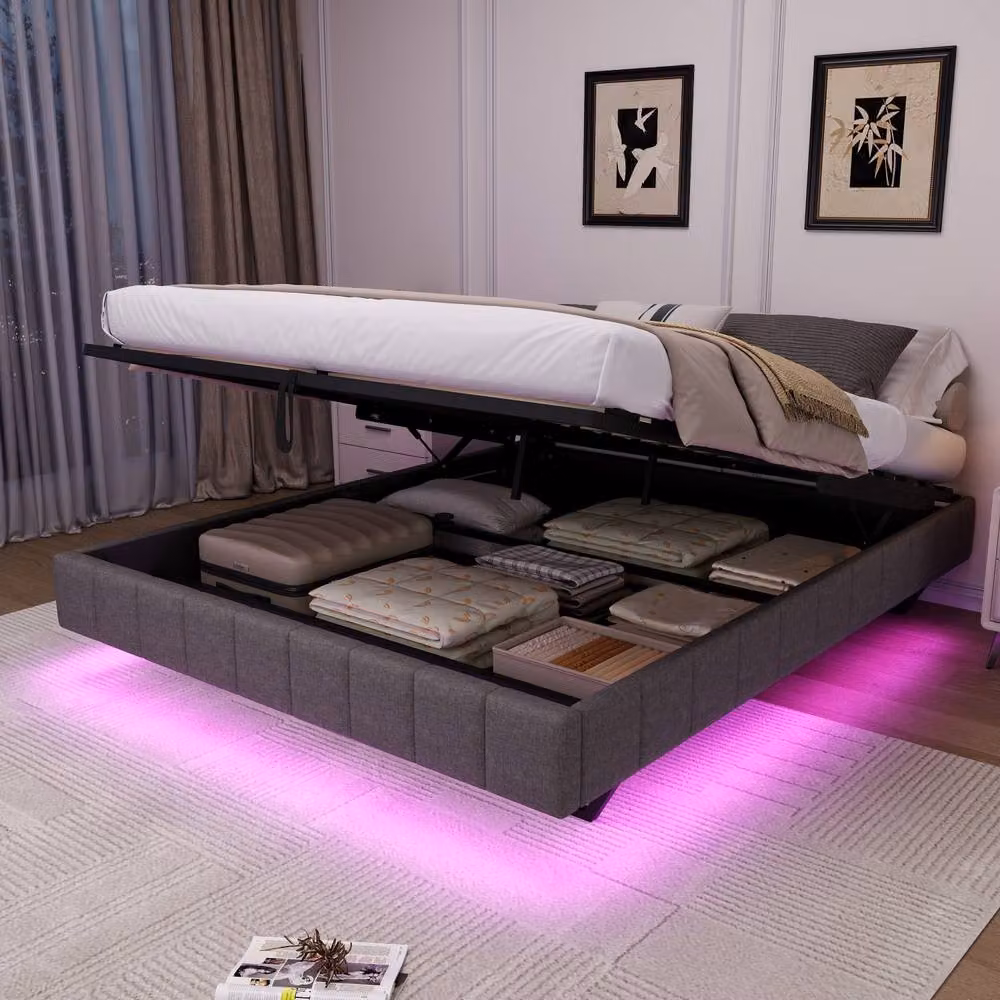 Rolipo Double Floating Bed Frame with Hydraulic Storage and LED Lights in Grey, W/D/H: 140 x 200 cm – 2