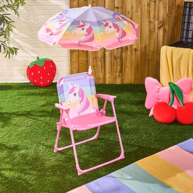 OHS Kids Unicorn Camping Chair and Parasol Set in Pink