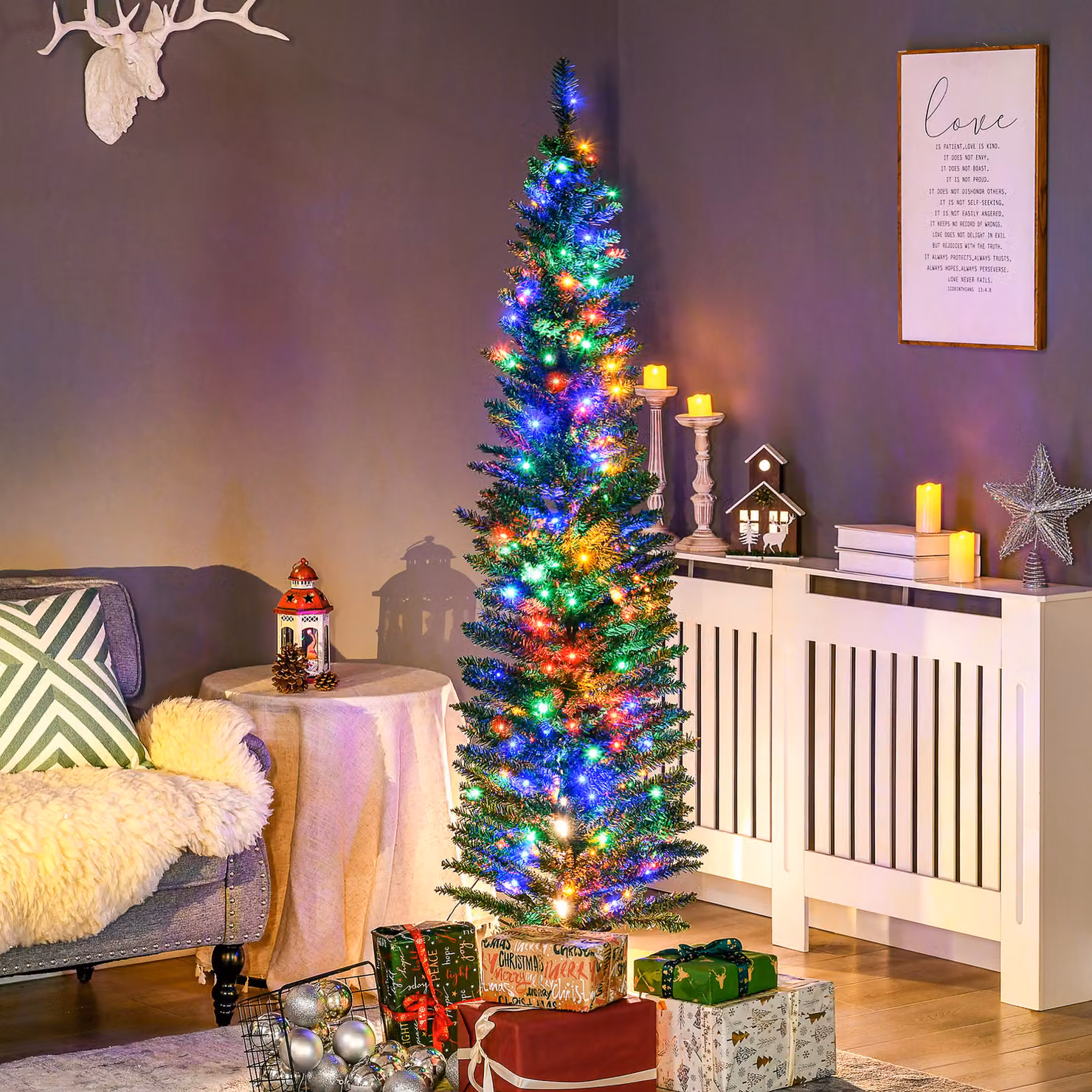 HOMCOM 6ft Pencil Shape Artificial Christmas Tree with Colourful LED Lights and Steel Base – 2