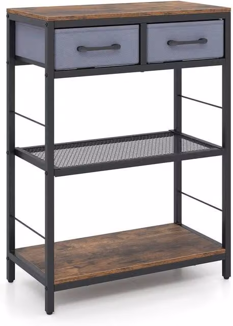 Gymax Narrow Rustic Brown Wood Console Table with 2 Fabric Drawers