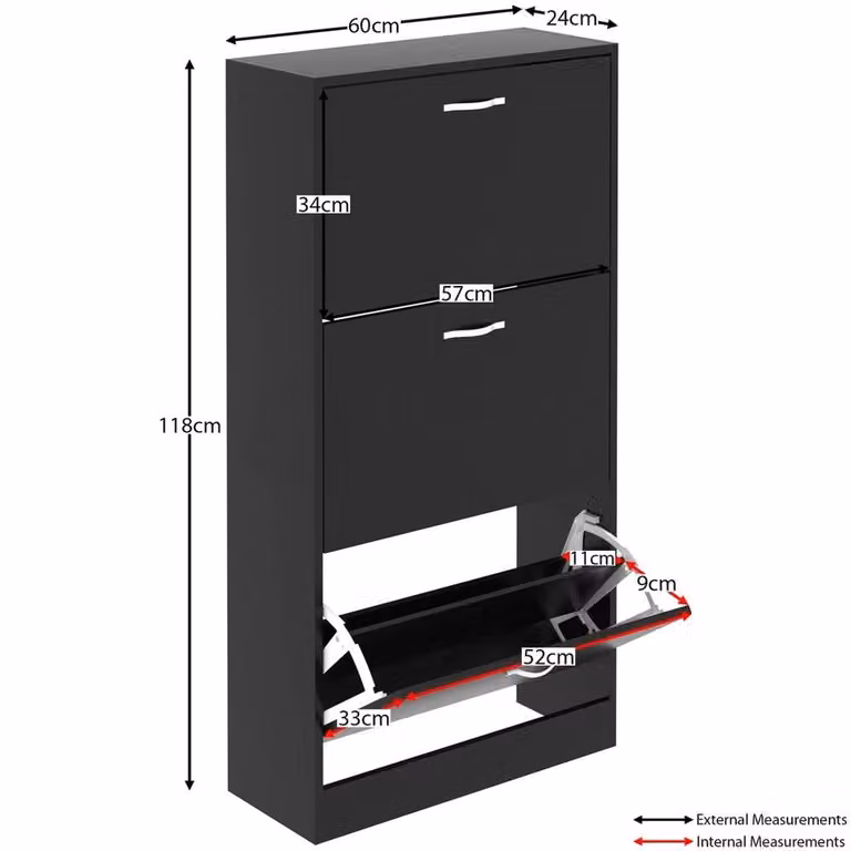 SPETLEK Modern 3 Drawer Black Matt Shoe Cabinet Storage Cupboard