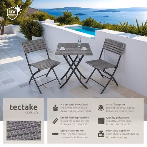 tectake 3 Piece Bistro Set with Foldable Poly Rattan Chairs and Square Table in Grey – 3