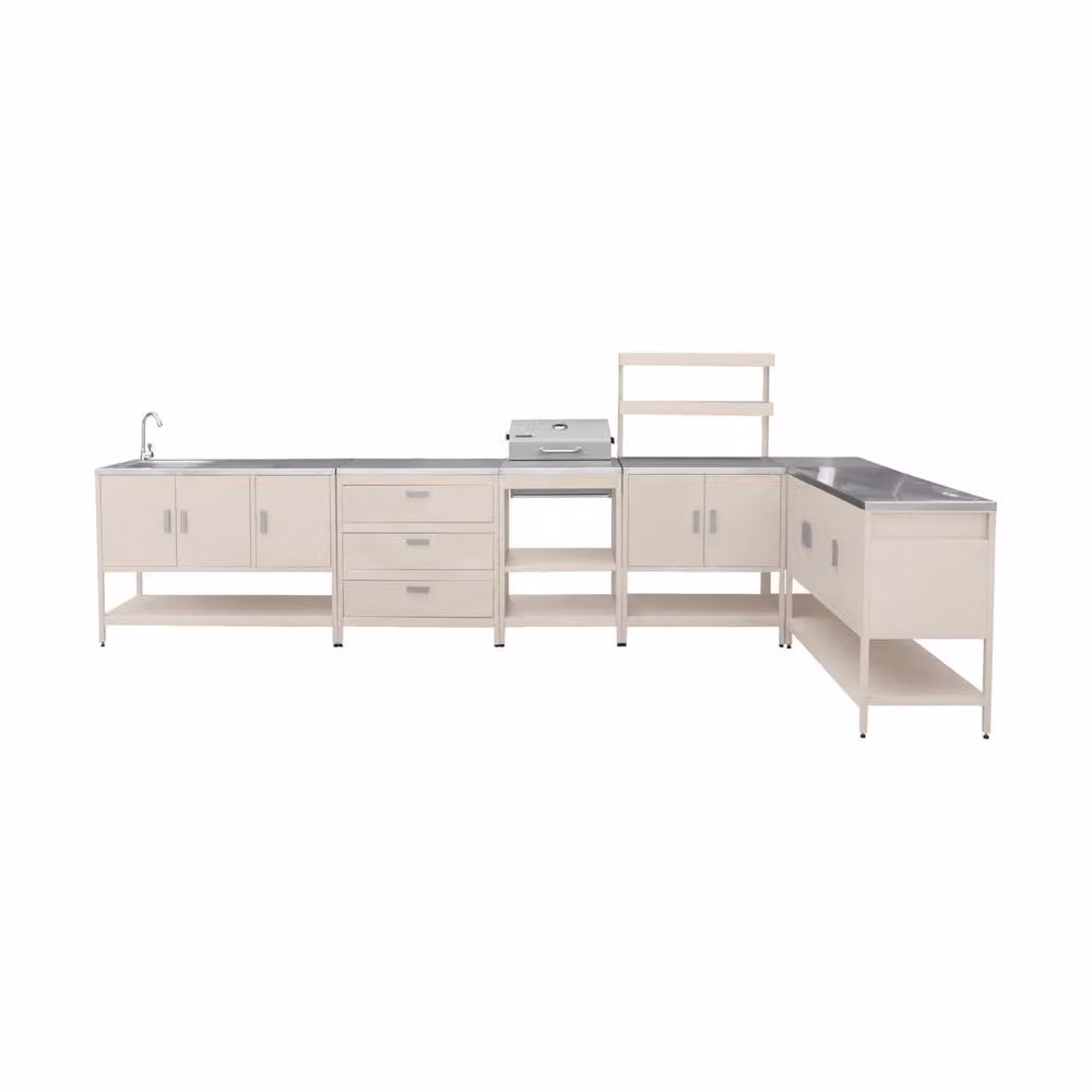 Sweekeek Outdoor Kitchen with Charcoal Barbecue, 5 Modules and Sink in Beige with Stainless Steel Accents – 2
