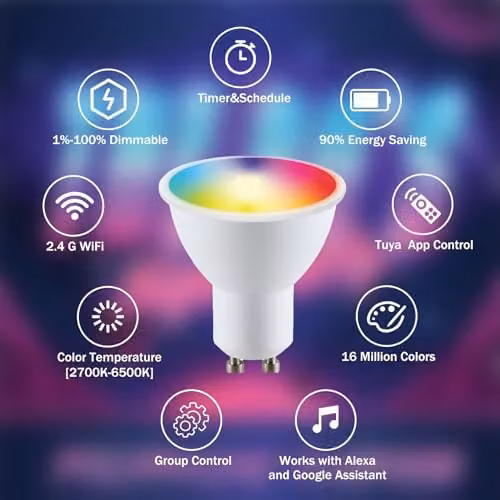 Harper Living Smart Wi-Fi LED GU10 Spotlight Bulb, 5.5W, 400lm, Dimmable RGBW Colour Changing and White Light, Compatible with Tuya, Alexa and Google Home – 2