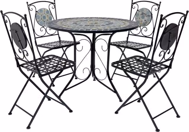 Charles Bentley 5 Piece Blue Mosaic Round Garden Dining Set with Folding Chairs