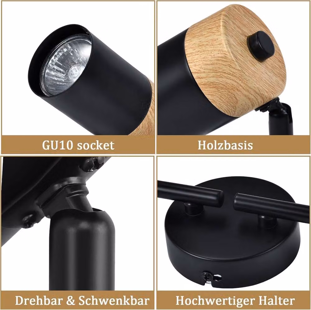 Goeco 4-Light Track Lighting Fixture in Black and Wood with Adjustable GU10 Ceiling Spotlights – 4