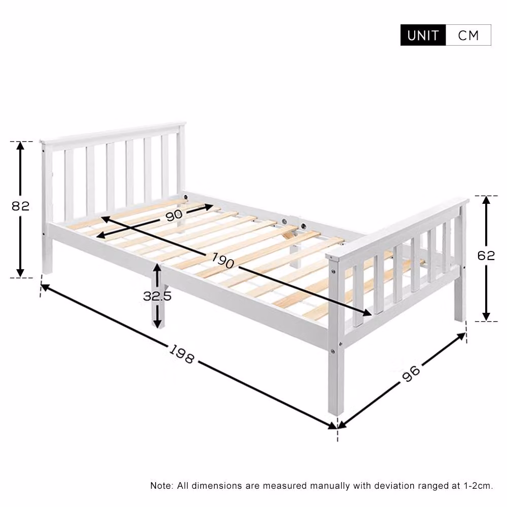 STILVORA Single 3ft Bed Frame in White Lacquered Solid Pine Wood, W/D/H: 90 x 190 cm – 3