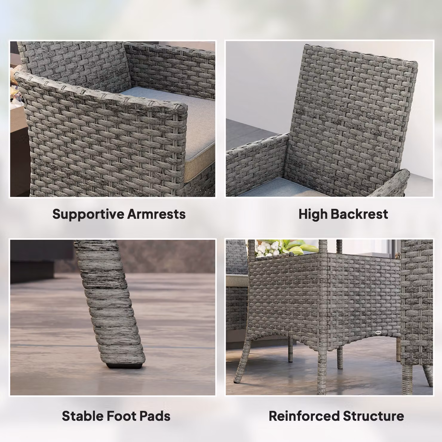 Outsunny Grey Rattan Garden Furniture Set with 4 Armchairs, Square Tempered Glass Top Dining Table and Cushions – 7