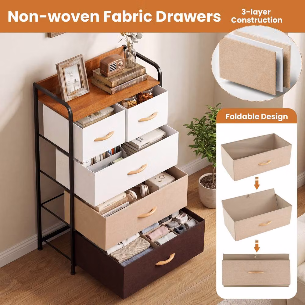 Gymax 5-Drawer Fabric Dresser, Tall Narrow Freestanding Storage Tower Organizer in Brown – 4