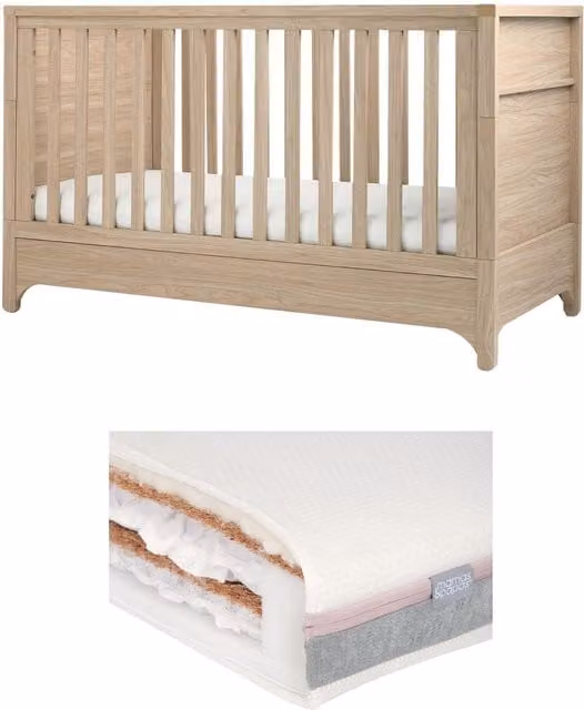 Mamas & Papas Barton Cotbed and Luxury Hybrid Twin Cotbed Mattress Bundle in Natural and Oak