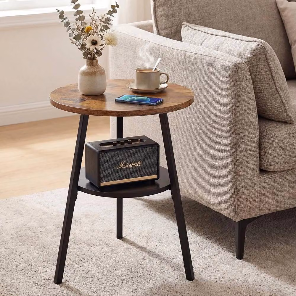 FORGEVIO Round 2 Tier Rustic Wood Side Table in Brown – 2