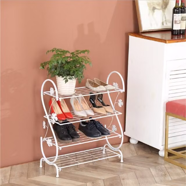 Livingandhome 4-Tier Vintage Metal Shoe Rack in White
