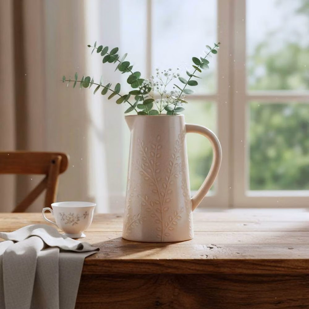 Four Candle Large Natural Ceramic Olive Branch Jug in White and Beige, Height: 17 cm – 2