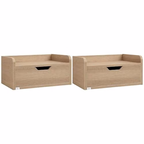 HOMCOM Set of 2 Floating Bedside Tables in Brown with Drawer for Bedroom, W/D/H: 40 x 30 x 19.5 cm