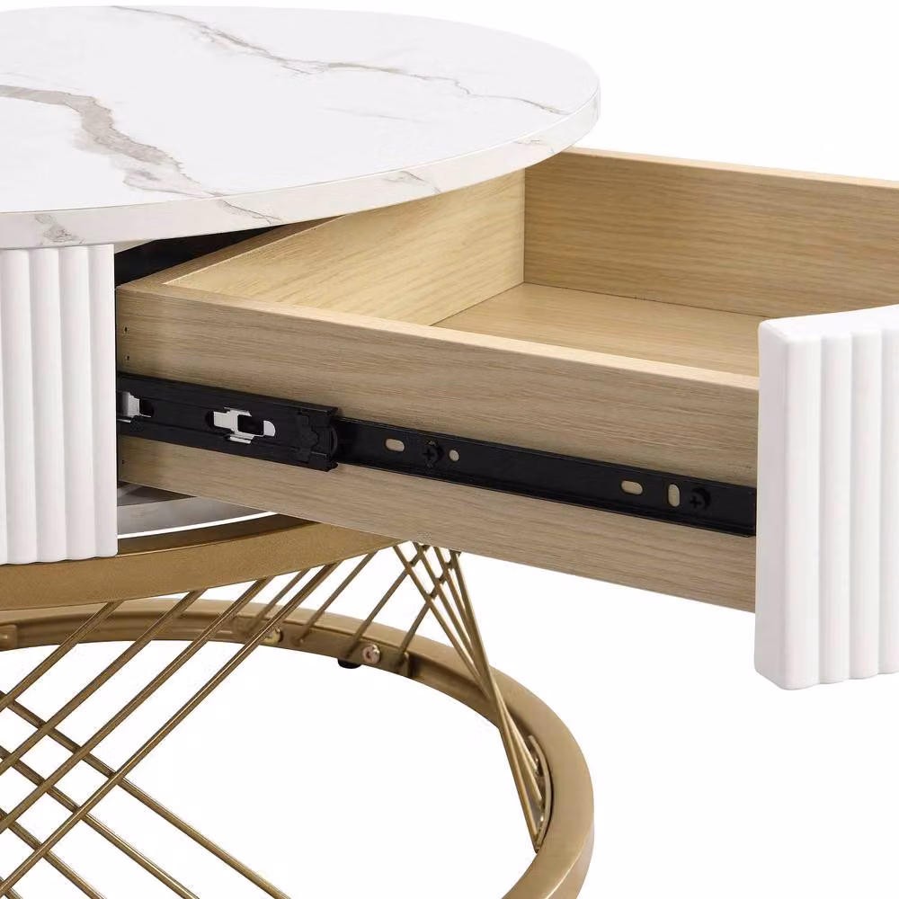 STILVORA Nesting Coffee Table Set with Drawer and Black Marble-Effect Top with Gold Metal X-Frame – 4