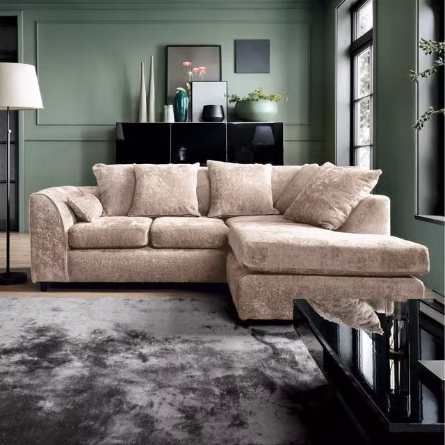 Abakus Direct Harriet Right Facing Corner Sofa in Beige Crushed Chenille Fabric