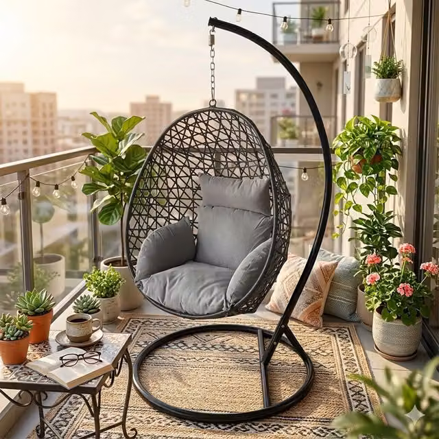 Alivio Grey Rattan Hanging Egg Chair with Cushions and Powder Coated Steel Stand