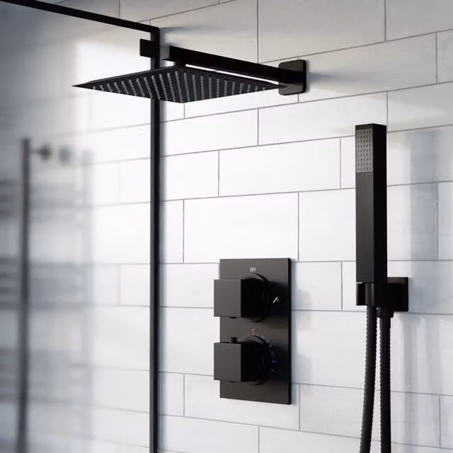 Nes Home Matte Black 2 Dial 2 Way Square Concealed Thermostatic Shower Mixer Set with Overhead and Hand Shower