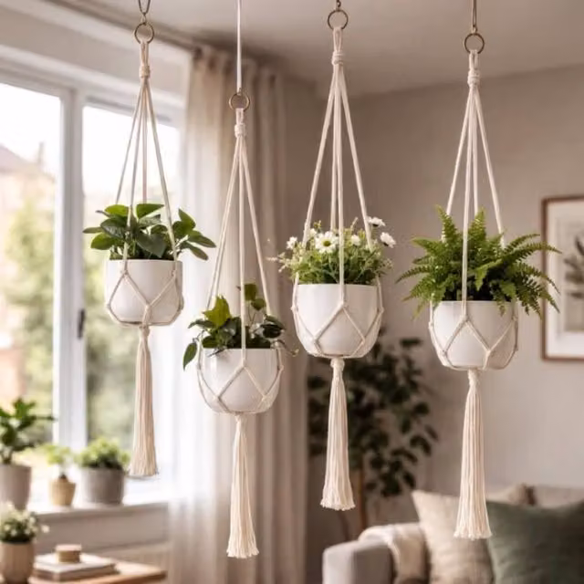 Marco Paul Set of 4 White Macrame Rope Hanging Plant Hangers – 1