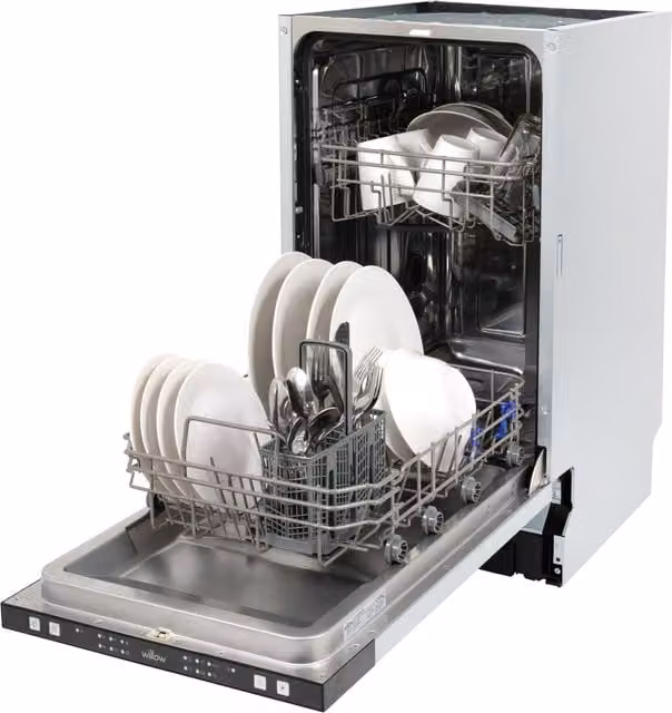 Willow WDW945I 45cm Fully Integrated Slimline Dishwasher in Silver with 9 Place Settings, Half Load Function and Delay Start – 1