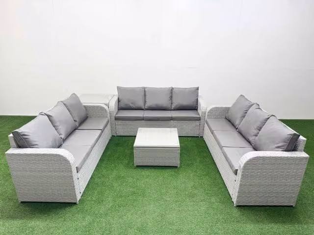 Fimous 9 Seater PE Rattan Garden Furniture Set in Light Grey with Square Coffee Table and Side Table