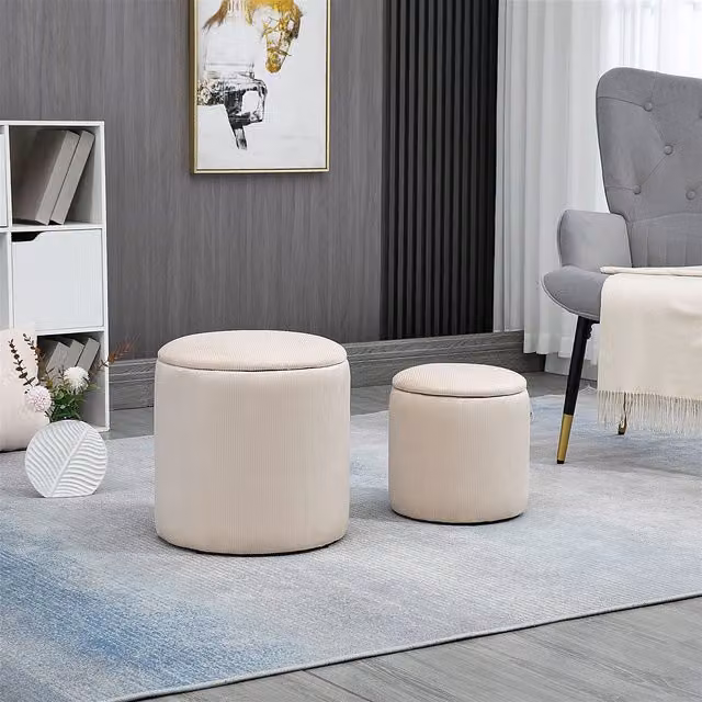 HOMCOM Set of 2 Modern Fabric Storage Ottomans with Removable Lids in Beige and White, W/D/H: 40 x 41 x 41 cm – 1