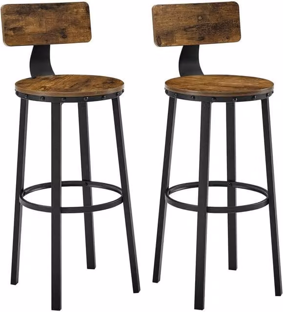 FORGEVIO Set of 2 Rustic Brown and Black Metal and Wood Tall Bar Stools – 1