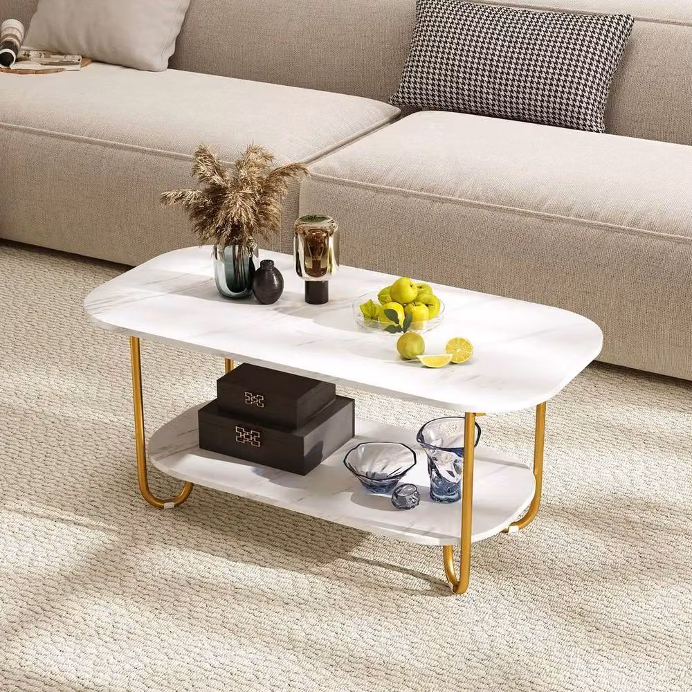 KORVIXA Modern 2-tier Square Coffee Table with White Faux Marble Top and Gold Metal Frame, W/D/H: 100 x 100 x 45 cm – 2