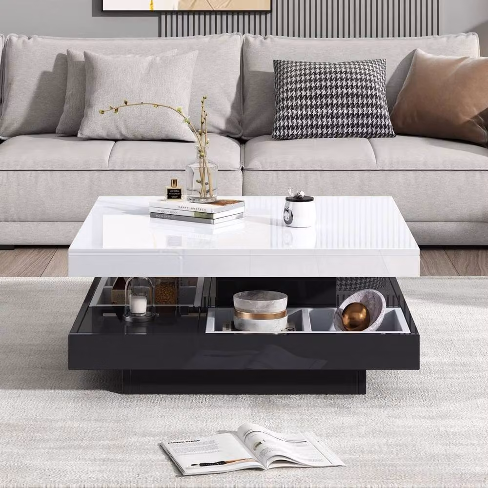 KORVIXA Modern Square Coffee Table with 360 Degree Rotating Top in White and Multicolour, W/D: 100 x 100 cm – 3