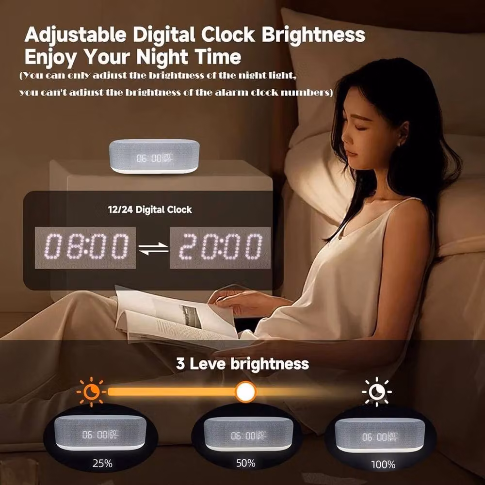 NESTLUNE 6-in-1 Digital Alarm Clock and Bluetooth Speaker with 15W Output, Grey, W: 100 cm, H: 15 cm – 5